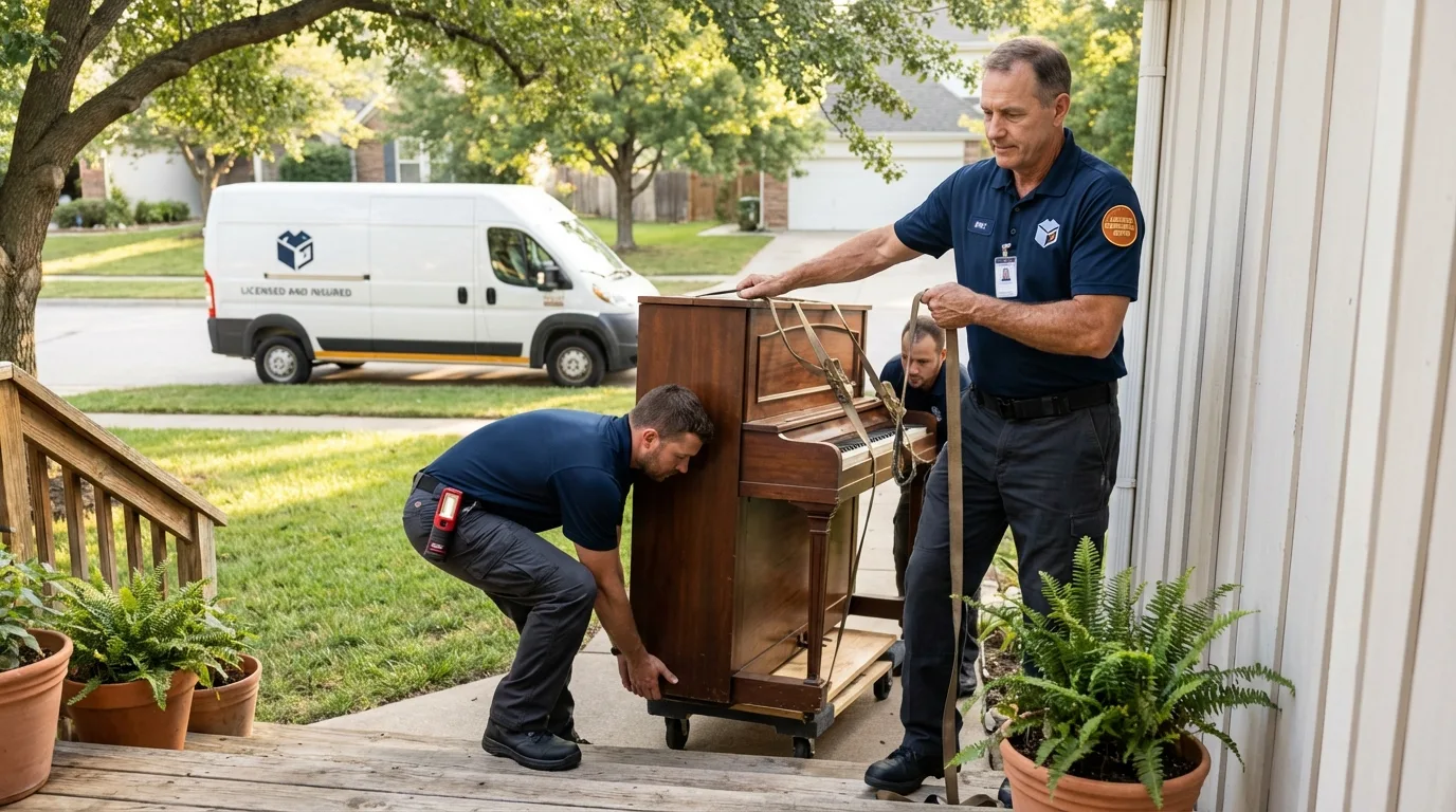 Licensed piano movers securing grand piano in Lake City, MI