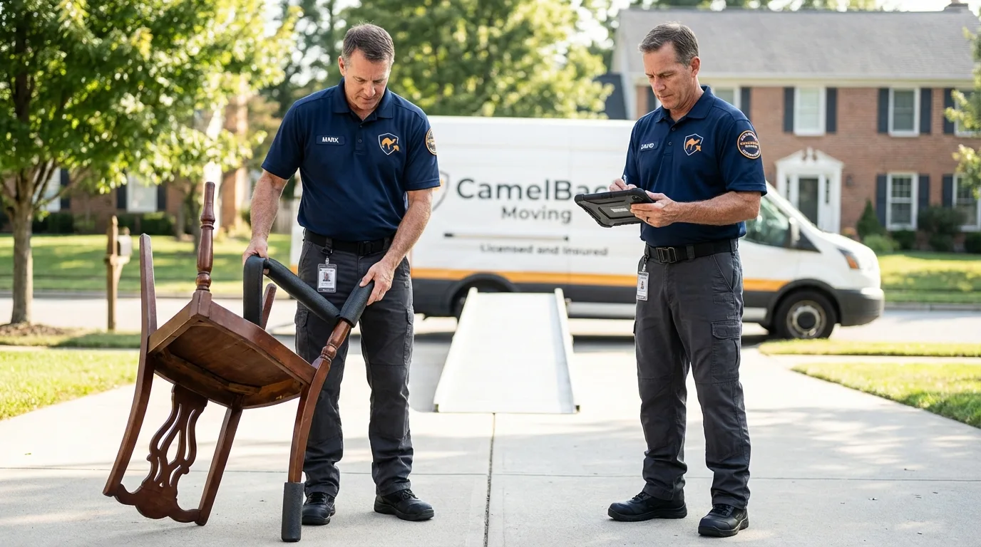 Movers inspecting furniture for damage prevention before loading in Lake City, MI