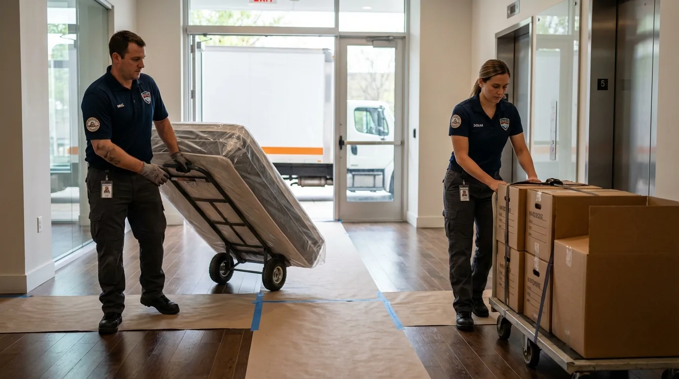 Professional apartment movers loading elevator in Lake City, MI