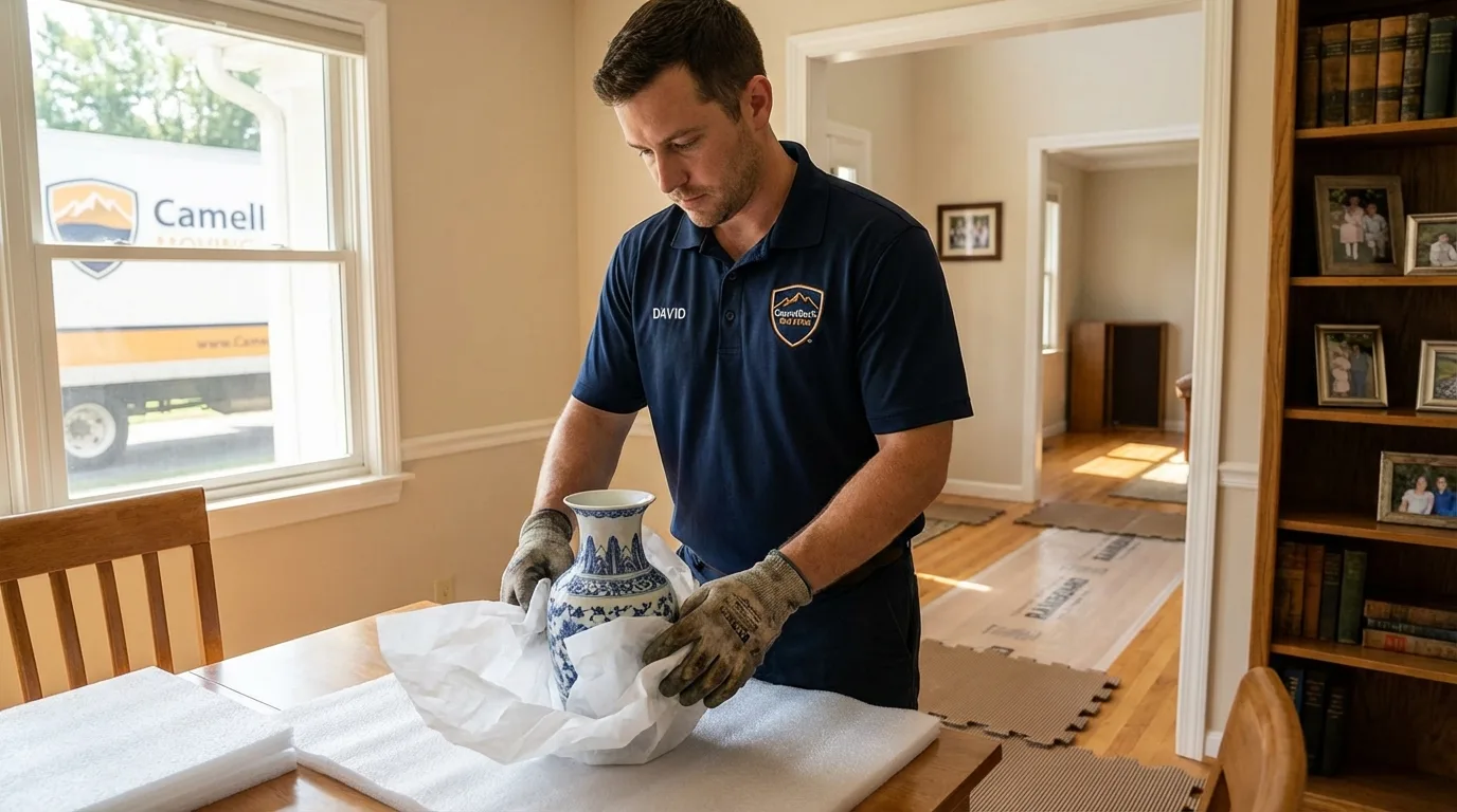 Professional crew carefully wrapping antique vase for senior downsizing move in Lake City, MI