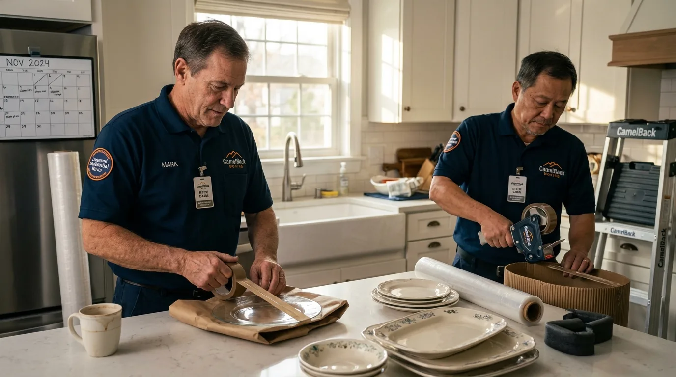 Professional crew packing kitchen dishware in Lake City, MI